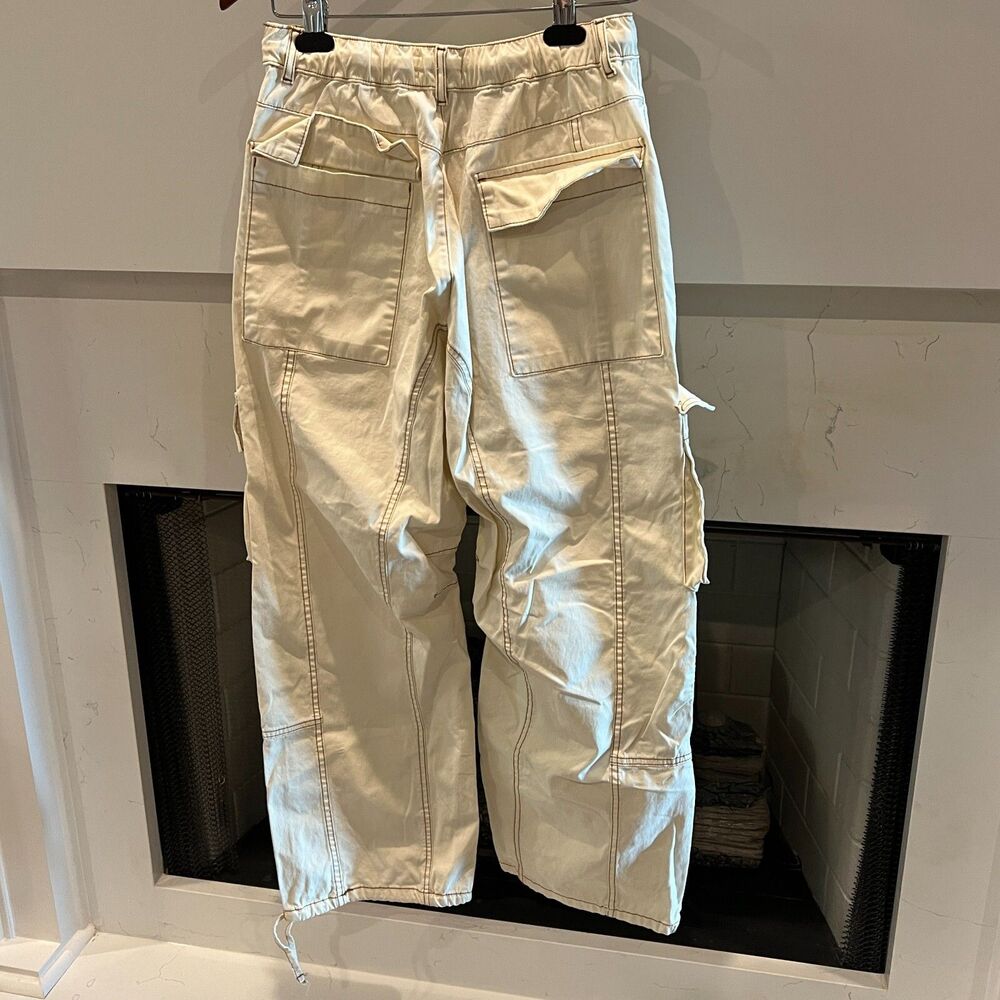 Zara Topstitch Cream Cargo Pants Size 6 Baggy Elastic Waist Drawstring Loose Fit